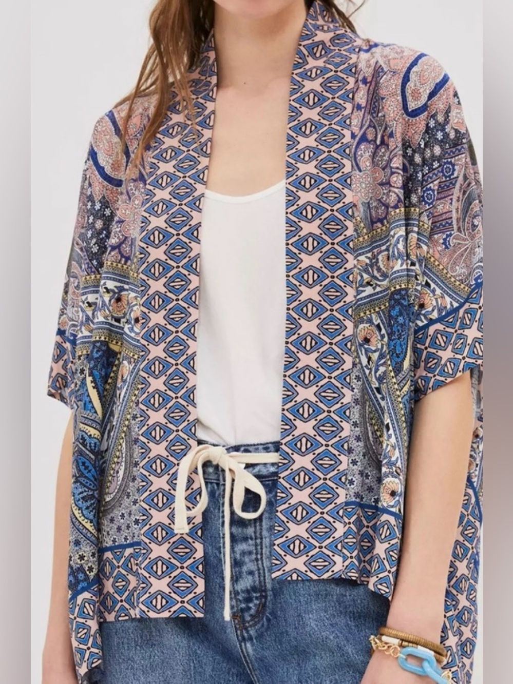 Blank London Blue and Pink Printed Open-Front Kimono - Size OS